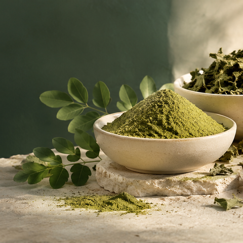 three little ivory dishes containing moringa leaf powder, dried herbal leaves and pieces of dried bark; a pinch of saffron; botanically plausible, no medical symbols on cream and sage