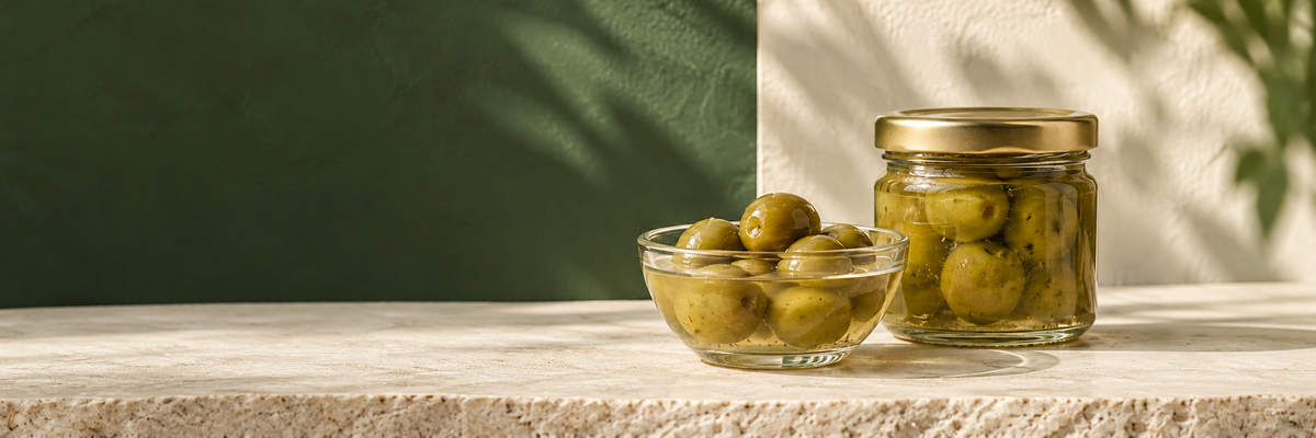 Green olives in a glass bowl and preserving jar