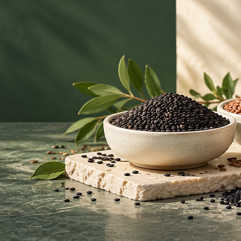 three small ivory dishes of black sesame, flax and fenugreek seeds with a small mound of black kalonji seeds on cream and sage