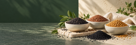 three small ivory dishes of black sesame, flax and fenugreek seeds with a small mound of black kalonji seeds on cream and sage