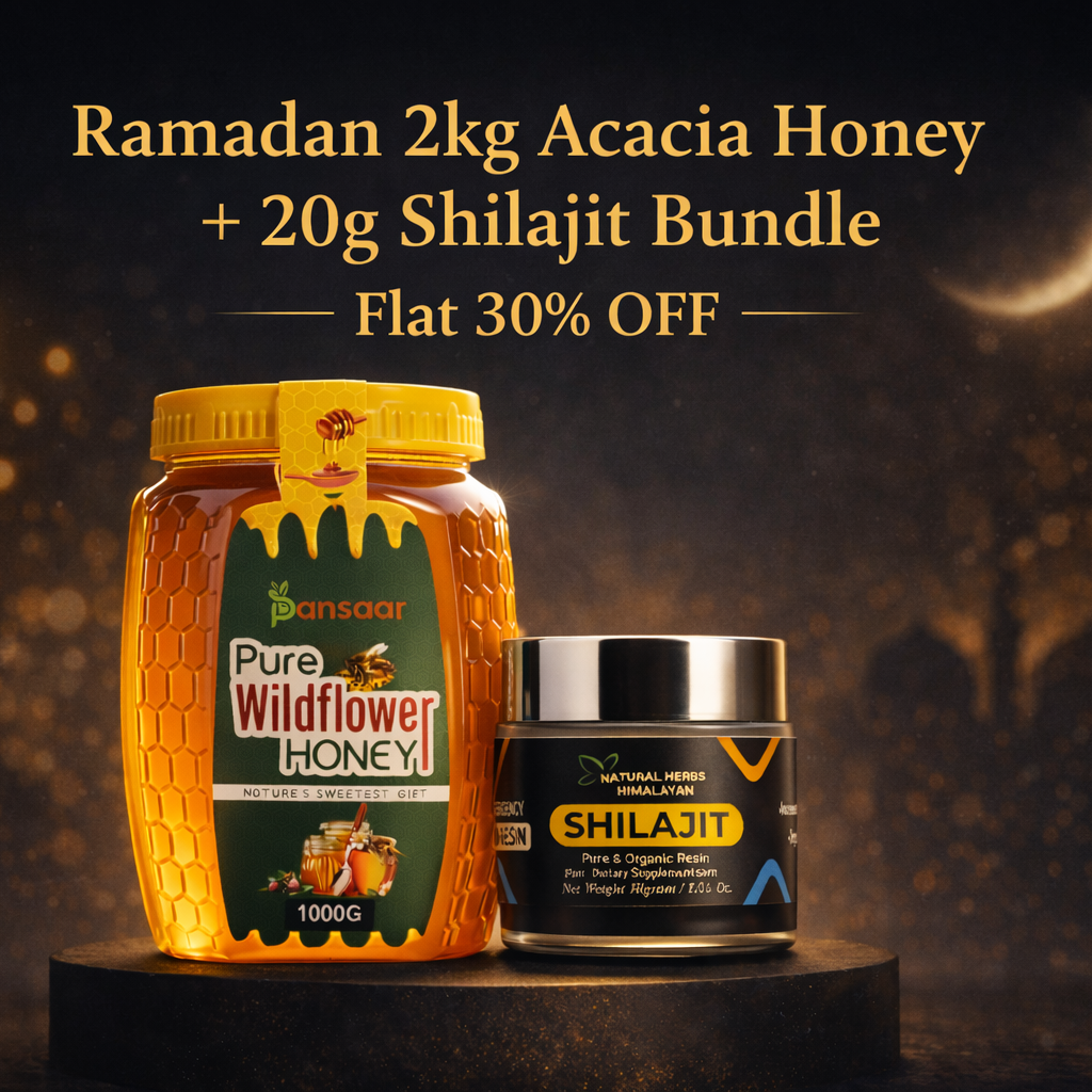 Pantry Pure Wildflower Honey and Shilajit containers with promotional text on a dark background.