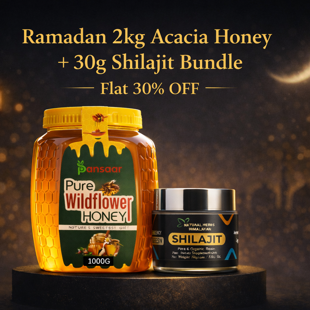 Two containers of honey and shilajit with promotional text on a dark background