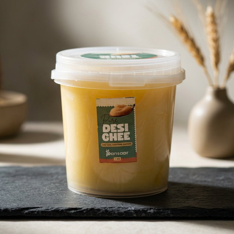 Container of Desi Chee on a slate surface with a blurred kitchen background