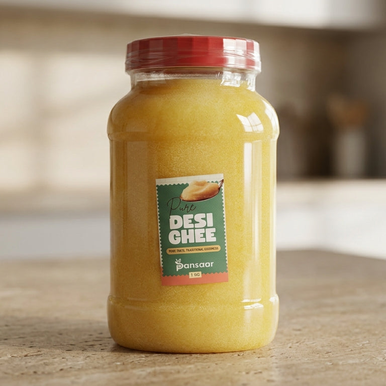 Jar of Desi Ghee on a kitchen counter with a blurred background