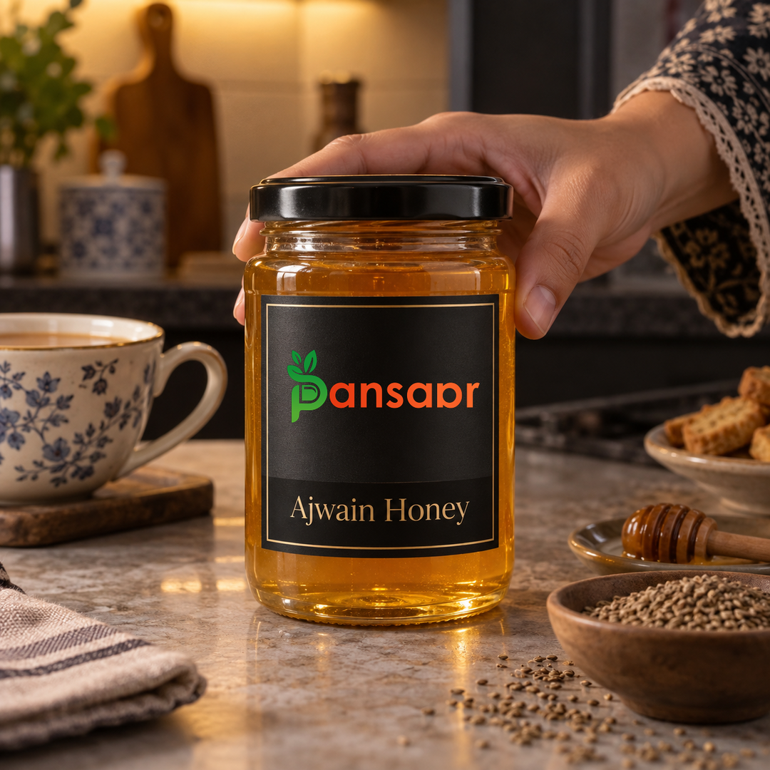 Pansaar Ajwain Honey beside evening chai