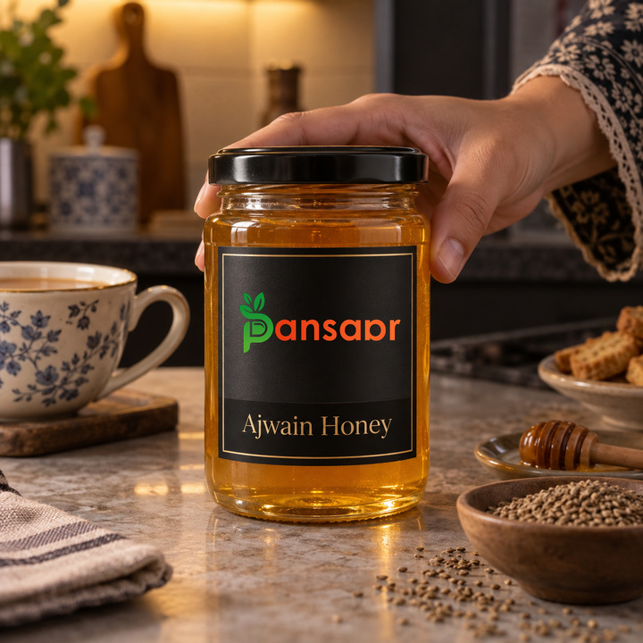 Pansaar Ajwain Honey beside evening chai