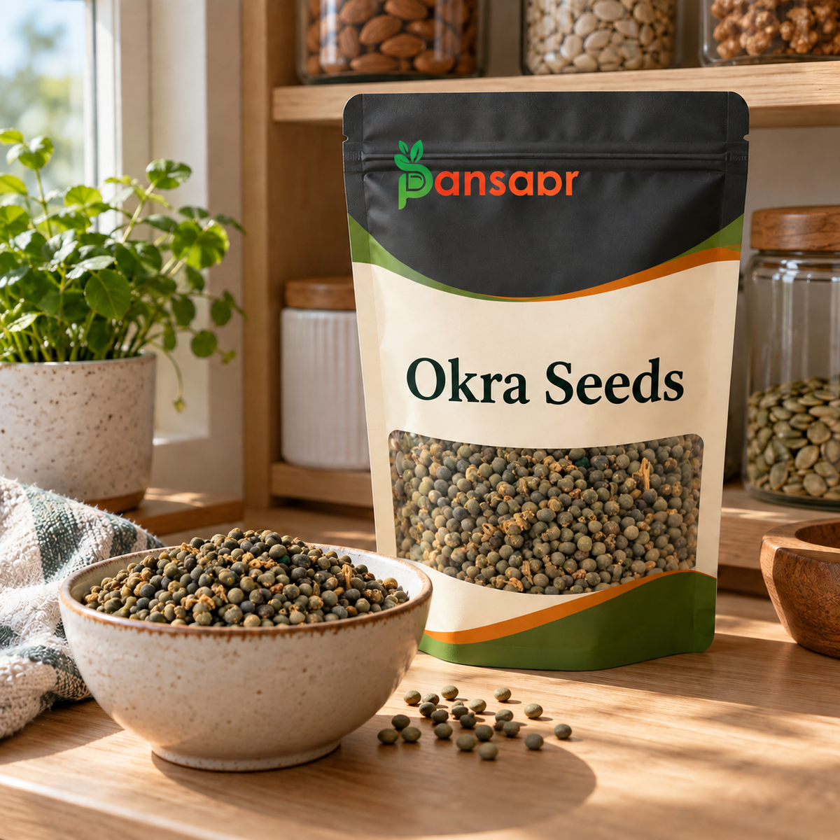 Lady's Finger Seeds (Tukhm-e-Bhindi) also known as Ochro Seeds Scientific Name: Abelmoschus Esculentus تخم بھنڈی in Pansaar zipper pouch