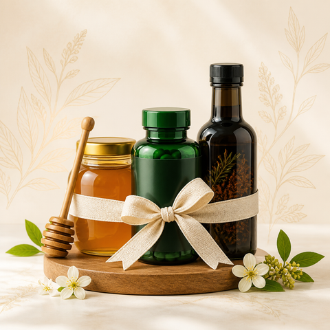 Coordinated honey, wellness supplement and botanical oil bundle