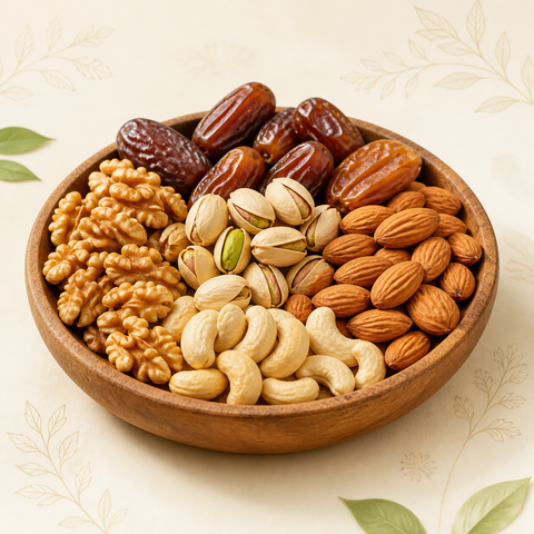 Assorted dates, almonds, walnuts, pistachios and cashews