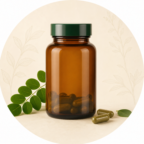 Moringa wellness supplement bottle and capsules