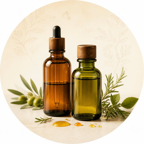 Amber and green botanical oil bottles with herbs