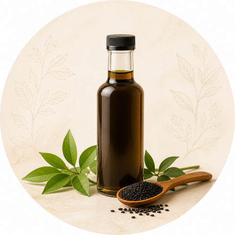 Black seed oil bottle and black seeds