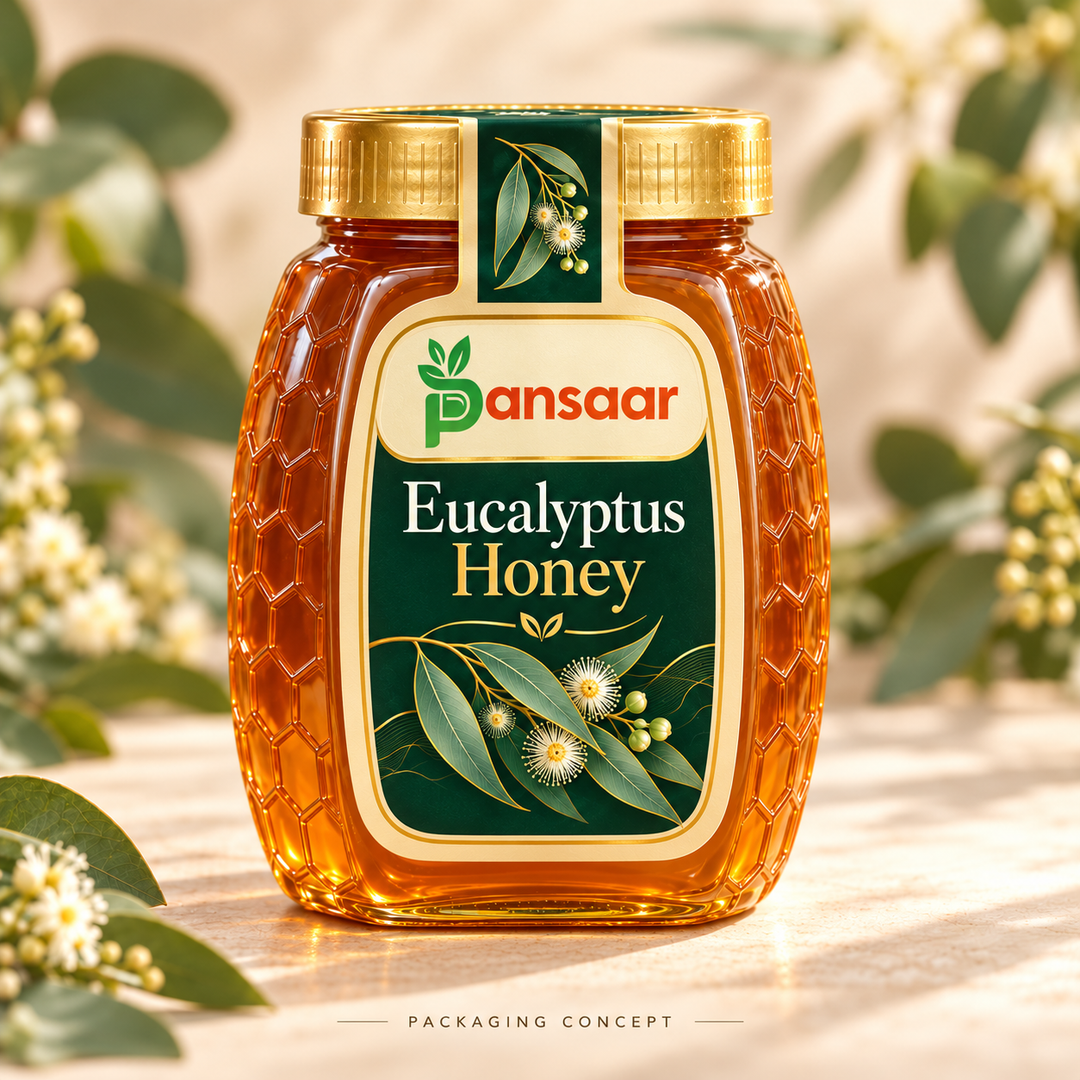 Eucalyptus Honey packaging concept with front-facing Pansaar store logo